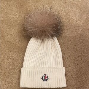Moncler Kids Ivory Knit Hat with Fluffy Brown Pom-Pom